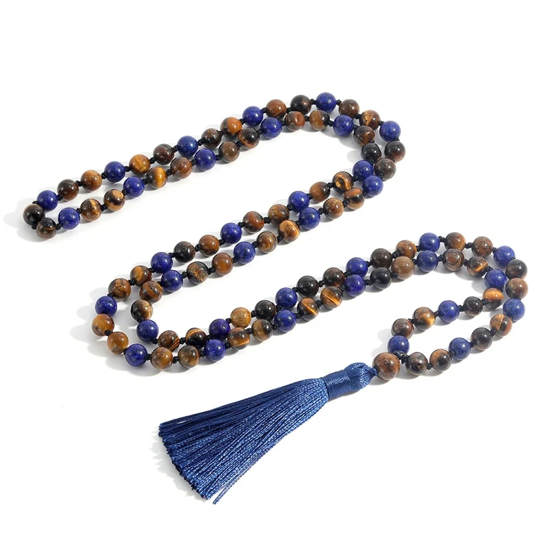 Collier long en perles Mala en Lapis Lazuli et œil de tigre jaune