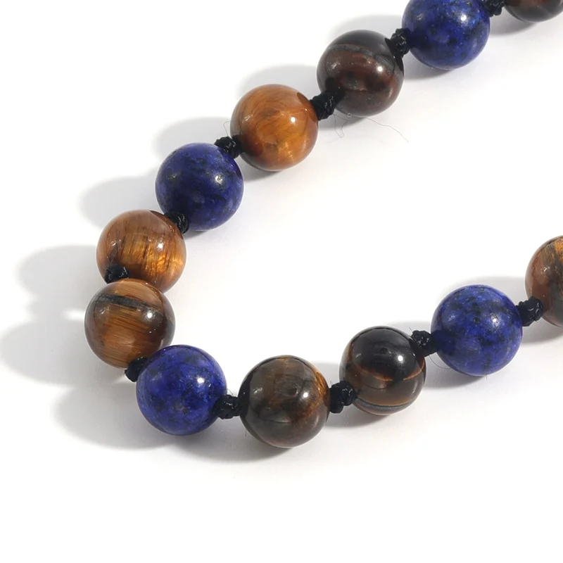 Collier long en perles Mala en Lapis Lazuli et œil de tigre jaune