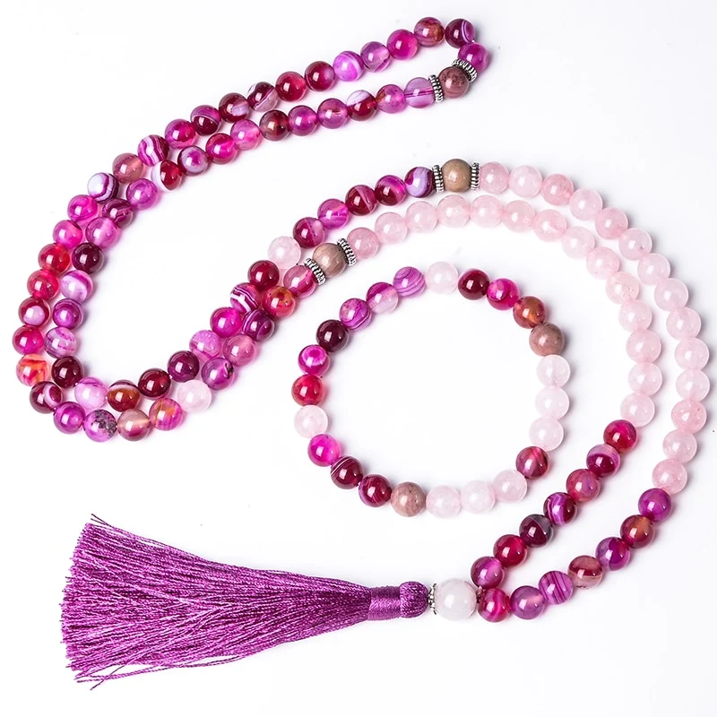 Collier tibétain en Quartz Rose Rhodochrosite