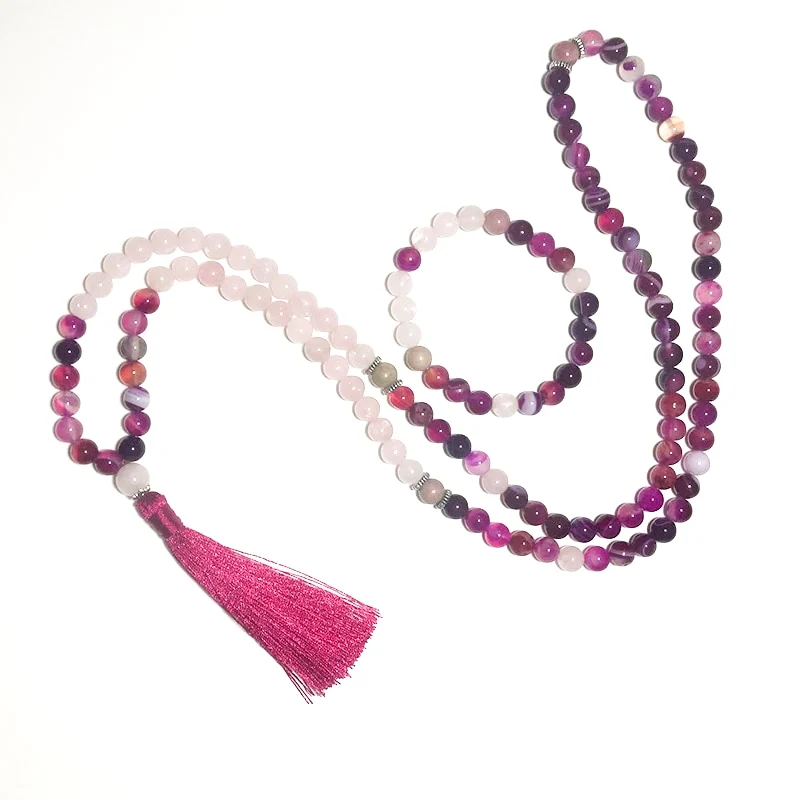 Collier tibétain en Quartz Rose Rhodochrosite