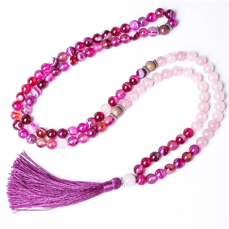 Collier tibétain en Quartz Rose Rhodochrosite