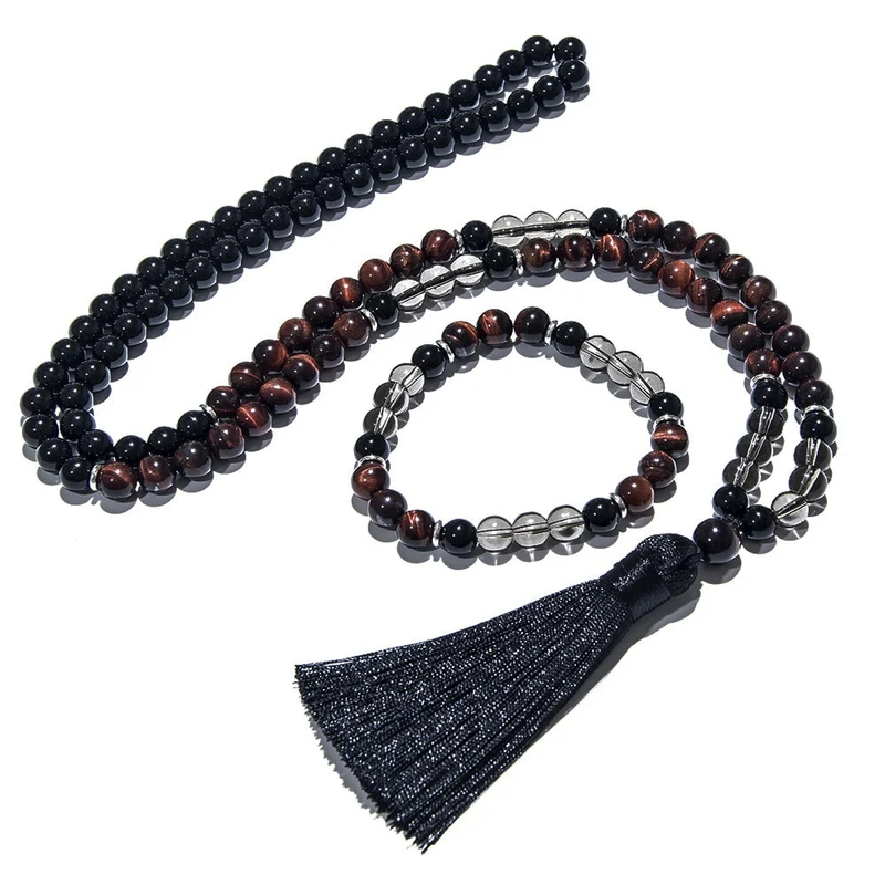 Collier de style tibétain en œil de tigre et Onyx noir