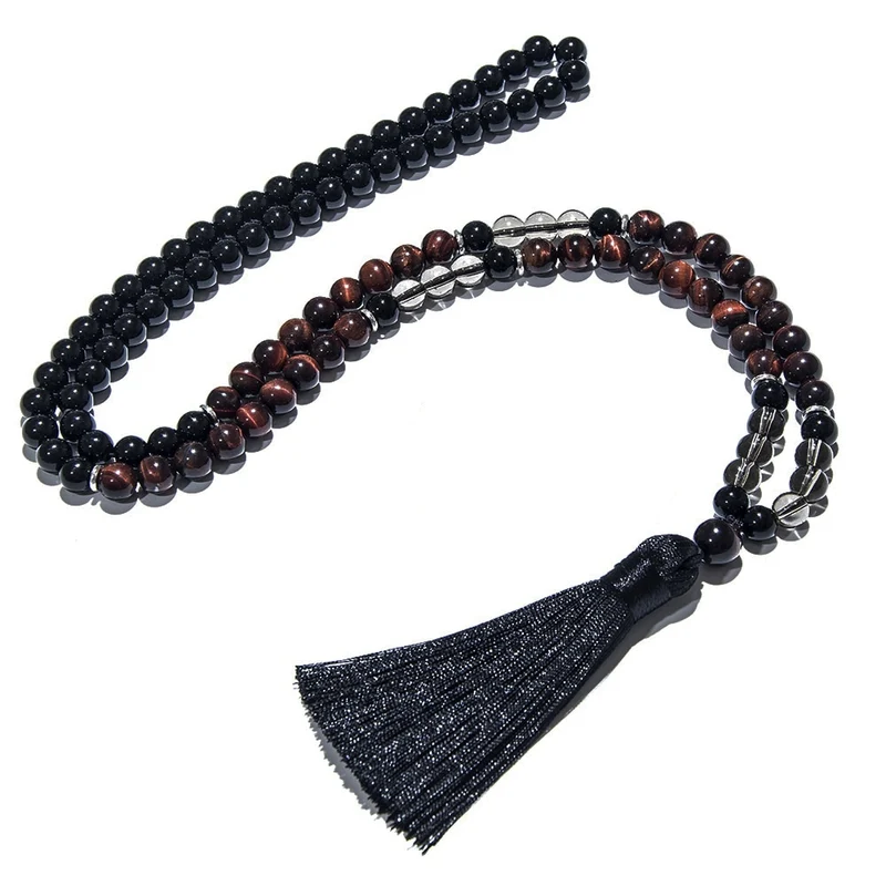 Collier de style tibétain en œil de tigre et Onyx noir