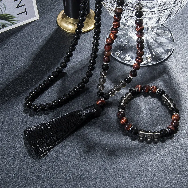 Collier de style tibétain en œil de tigre et Onyx noir