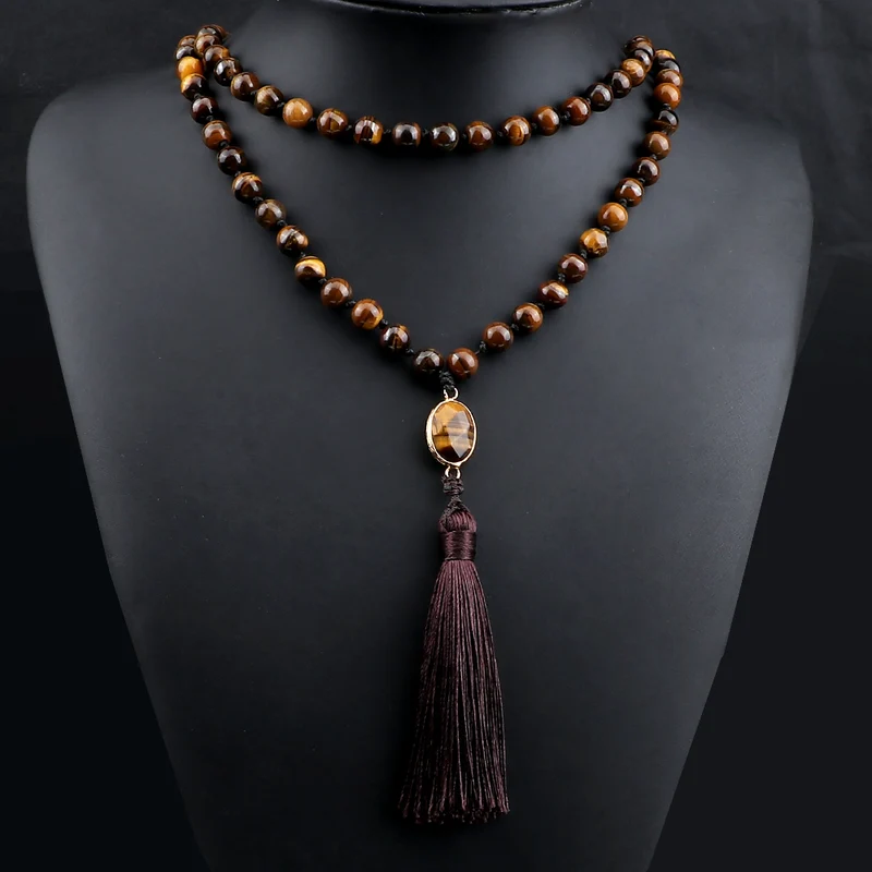 Collier mantra en pierre d'œil de tigre