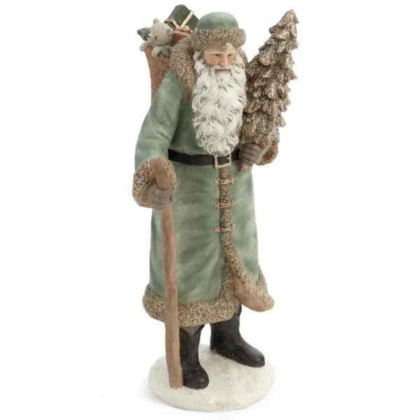 Santa Figurine Holding Tree with Stick (Green) / Figurine du Père Noël tenant un sapin avec un bâton (vert)