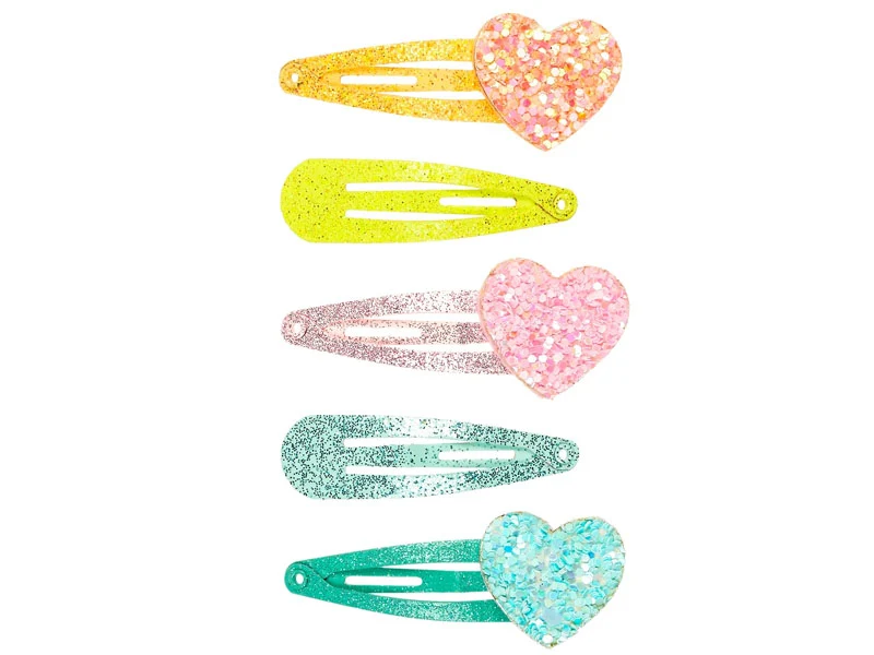 Lot de 5 Barrettes Héloise - Coeur pailleté - Rose, bleu et orange