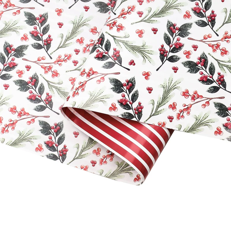 30" x 10' Holiday Reversible Wrapping Paper | Greens and Berries/Red and White Stripe