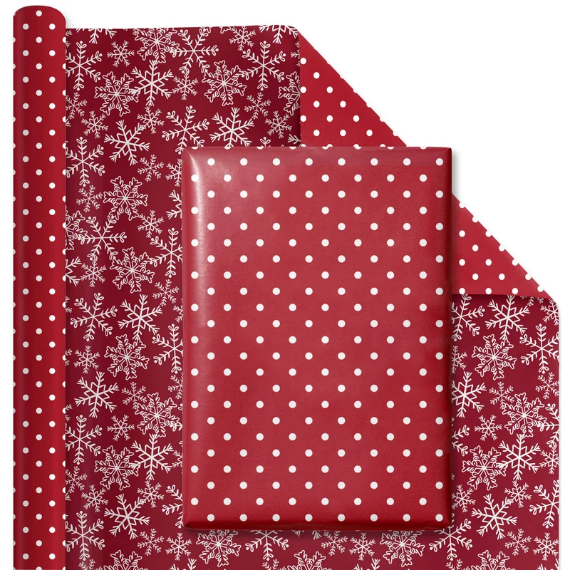 30" x 10’ Holiday Reversible Wrapping Paper | White Dot on Red/Layered Snowflake on Red