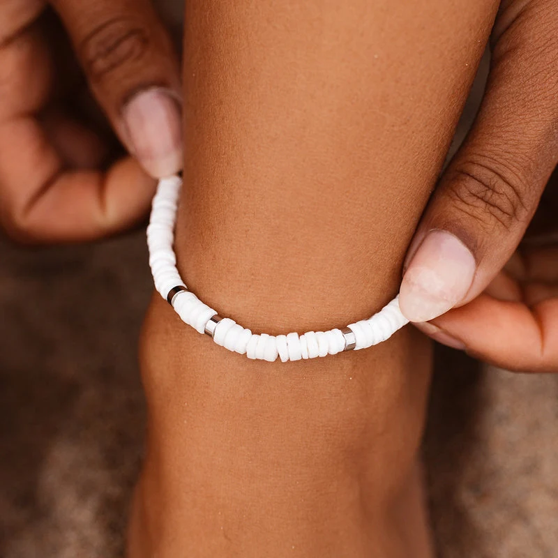 Silver and White Puka Shell Stretch Anklet PuraVida