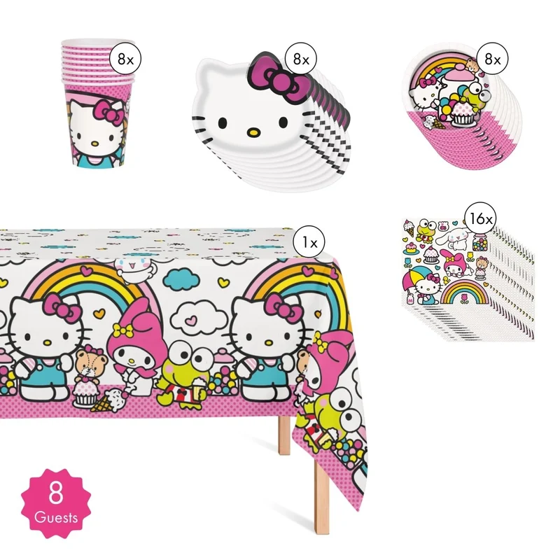 Hello Kitty Basic Tableware Birthday Party Supplies Kit, 8 Guests