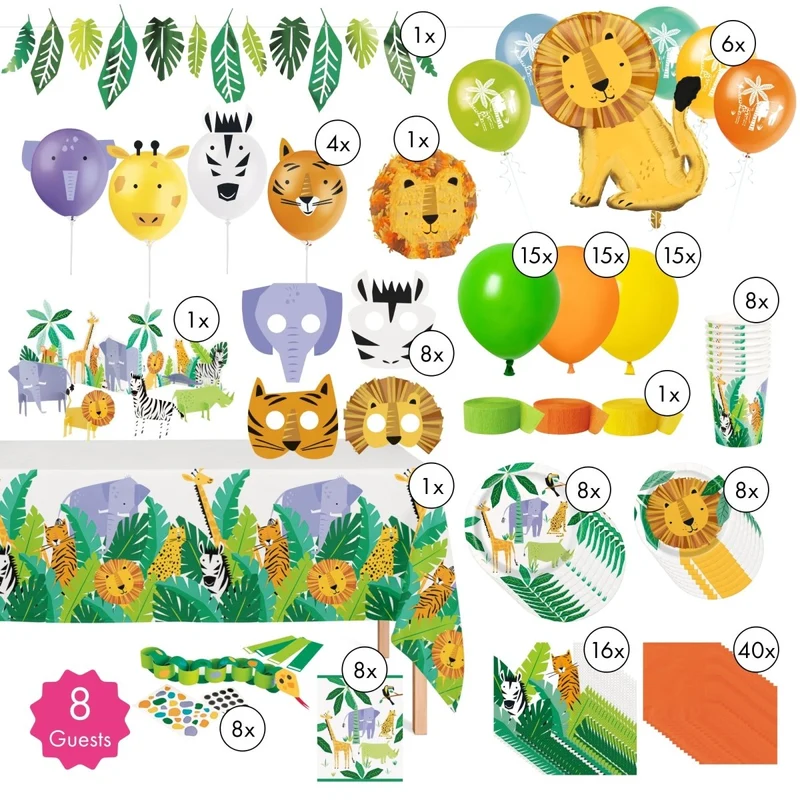 Safari Animal Ultimate 1st Birthday Party Supplies Kit, 8 Guests