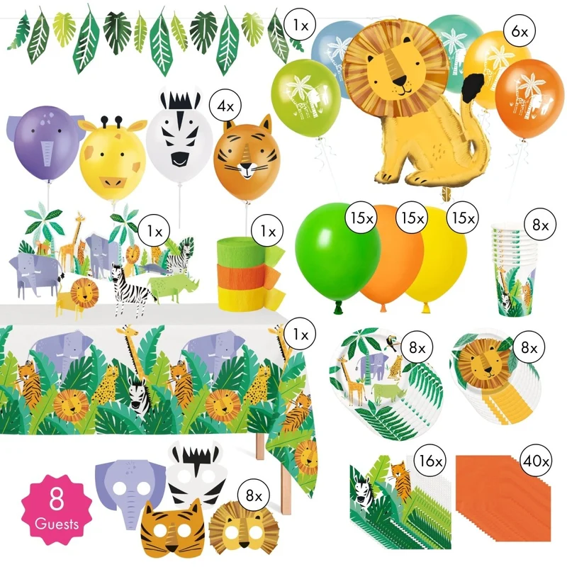 Safari Animal Standard 1st Birthday Party Supplies Kit, 8 Guests