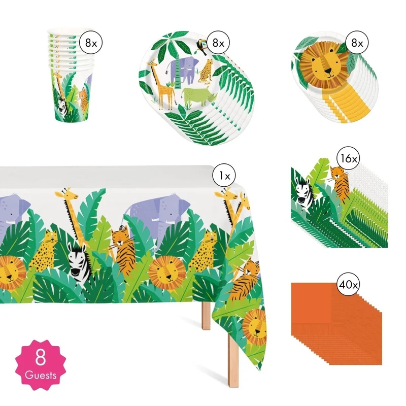 Safari Animal Basic Tableware 1st Birthday Party Supplies Kit, 8 Guests