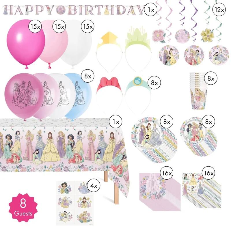 Disney Princesses Standard Birthday Party Supplies Kit, 8 Guests