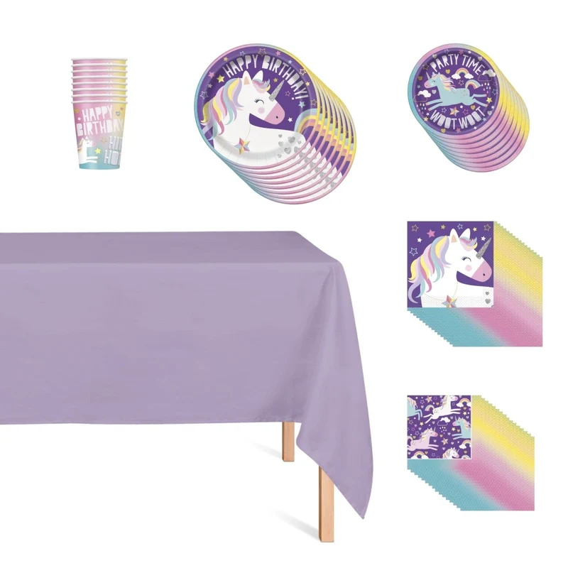 Unicorn Galaxy Basic Tableware Birthday Party Supplies Kit, 8 Guests