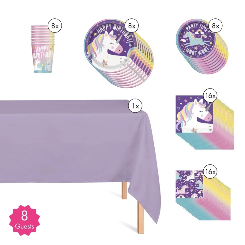 Unicorn Galaxy Basic Tableware Birthday Party Supplies Kit, 8 Guests
