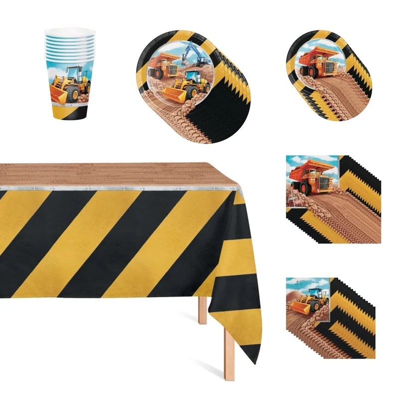 Big Dig Construction Basic Tableware Birthday Party Supplies Kit, 8 Guests
