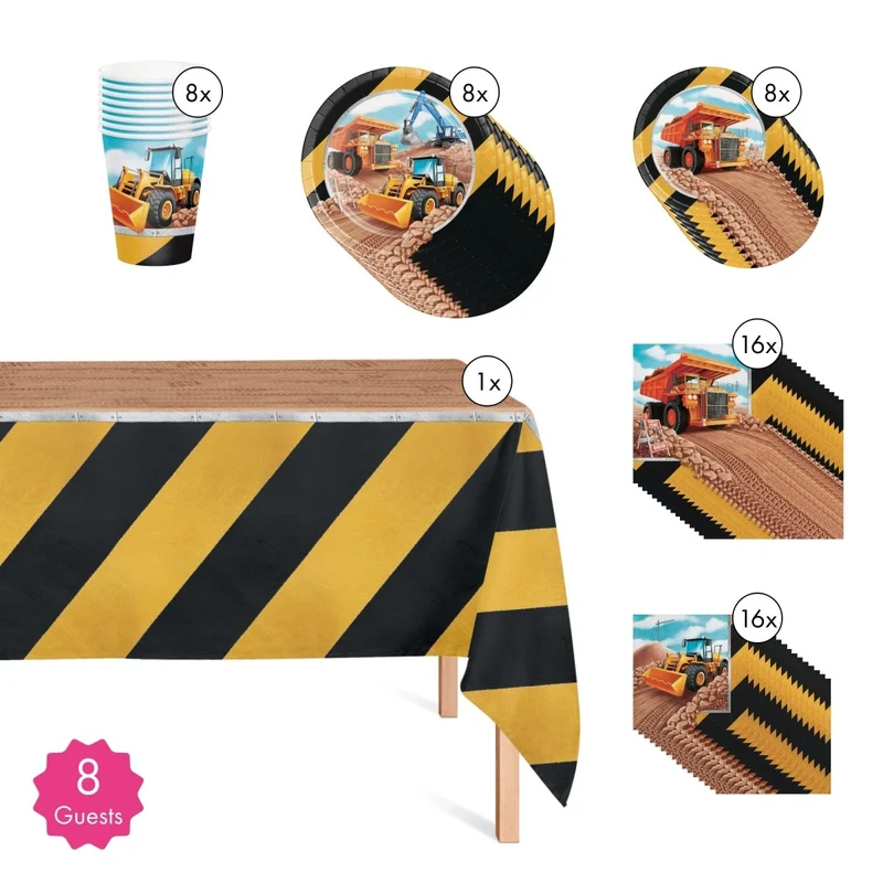 Big Dig Construction Basic Tableware Birthday Party Supplies Kit, 8 Guests