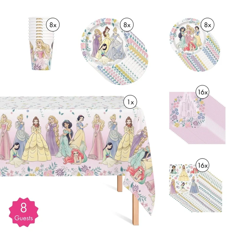 Disney Princesses Basic Tableware Birthday Party Supplies Kit, 8 Guests