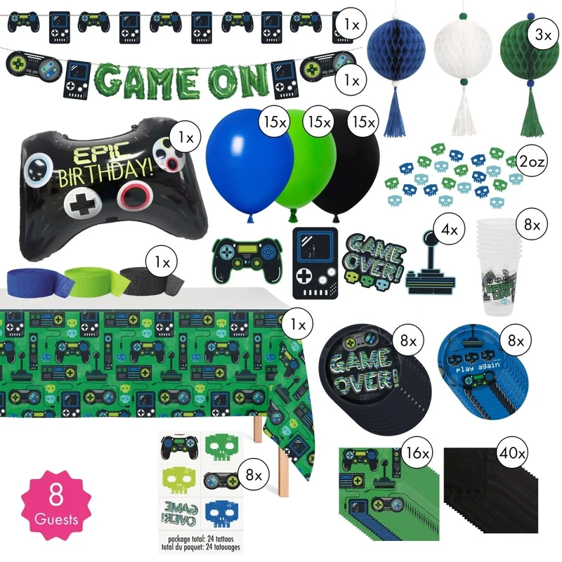 Gamer Standard Birthday Party Supplies Kit, 8 Guests