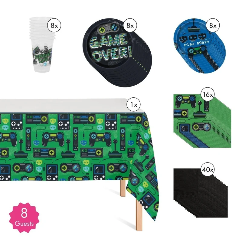 Gamer Basic Tableware Birthday Party Supplies Kit, 8 Guests