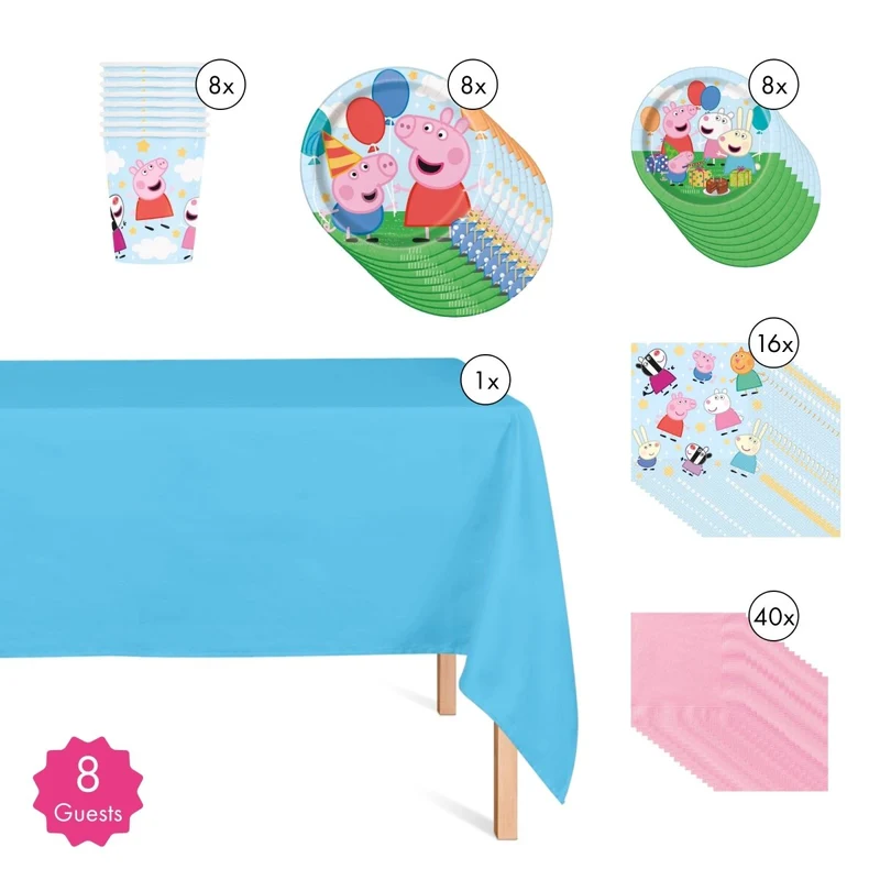 Peppa Pig Basic Tableware Birthday Party Supplies Kit, 8 Guests