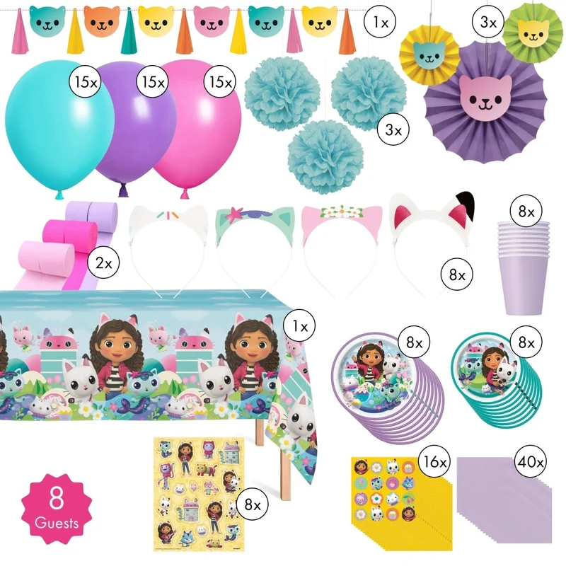 Gabby's Dollhouse Standard Birthday Party Supplies Kit, 8 Guests