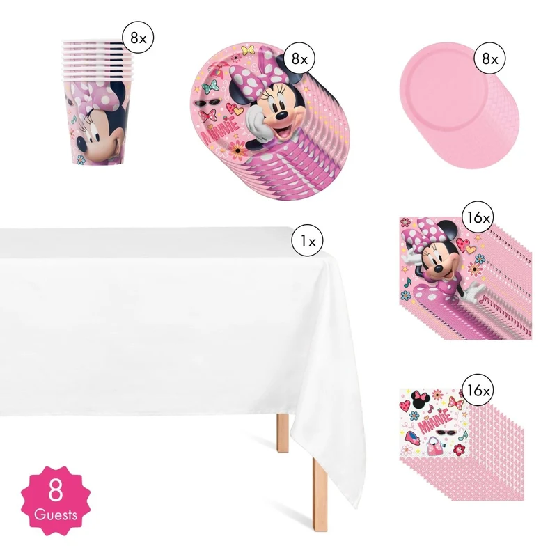 Minnie Mouse Basic Tableware Birthday Party Supplies Kit, 8 Guests