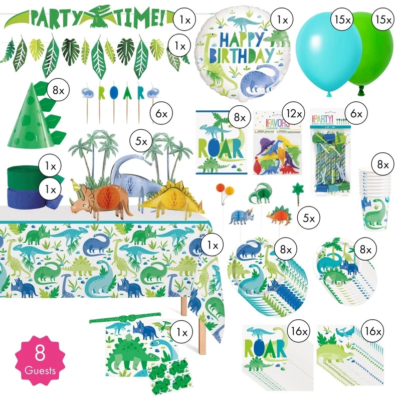 Blue and Green Dinosaurs Ultimate Birthday Party Supplies Kit, 8 Guests