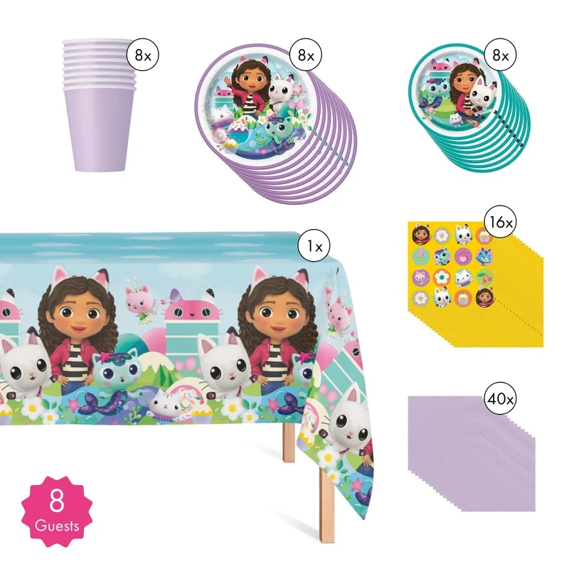 Gabby's Dollhouse Basic Tableware Birthday Party Supplies Kit, 8 Guests