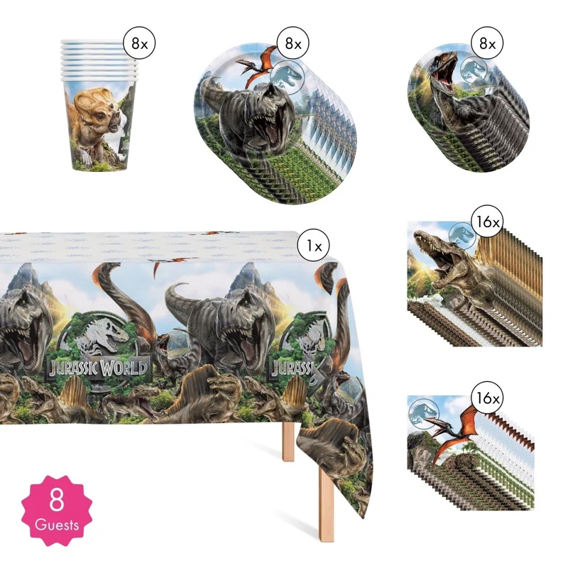 Jurassic World Basic Tableware Birthday Party Supplies Kit, 8 Guests
