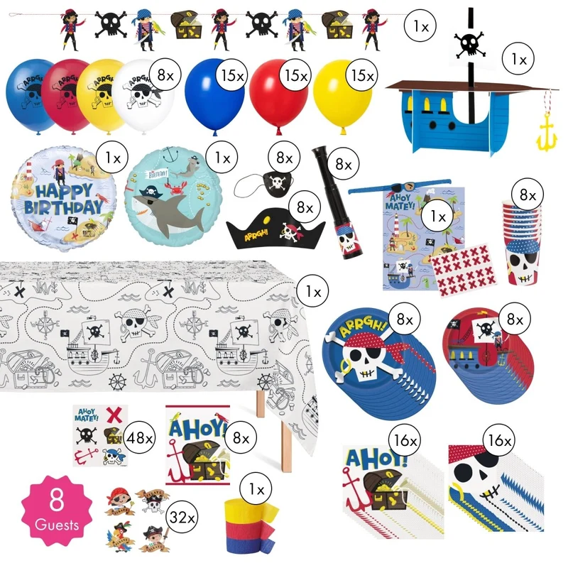 Ahoy Pirate Ultimate Birthday Party Supplies Kit, 8 Guests
