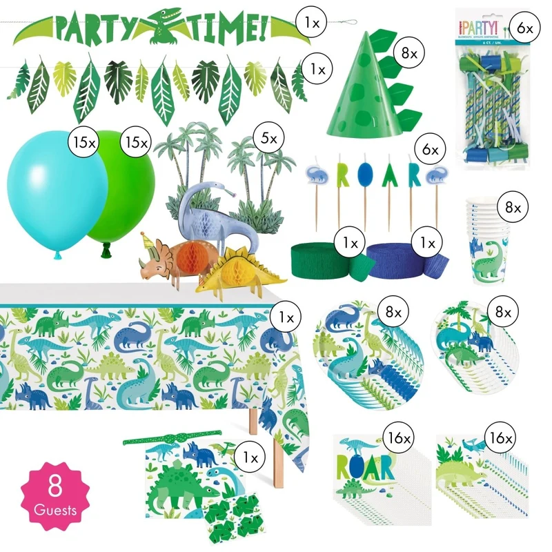 Blue and Green Dinosaurs Standard Birthday Party Supplies Kit, 8 Guests