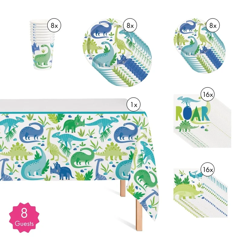 Blue and Green Dinosaurs Basic Tableware Birthday Party Supplies Kit, 8 Guests