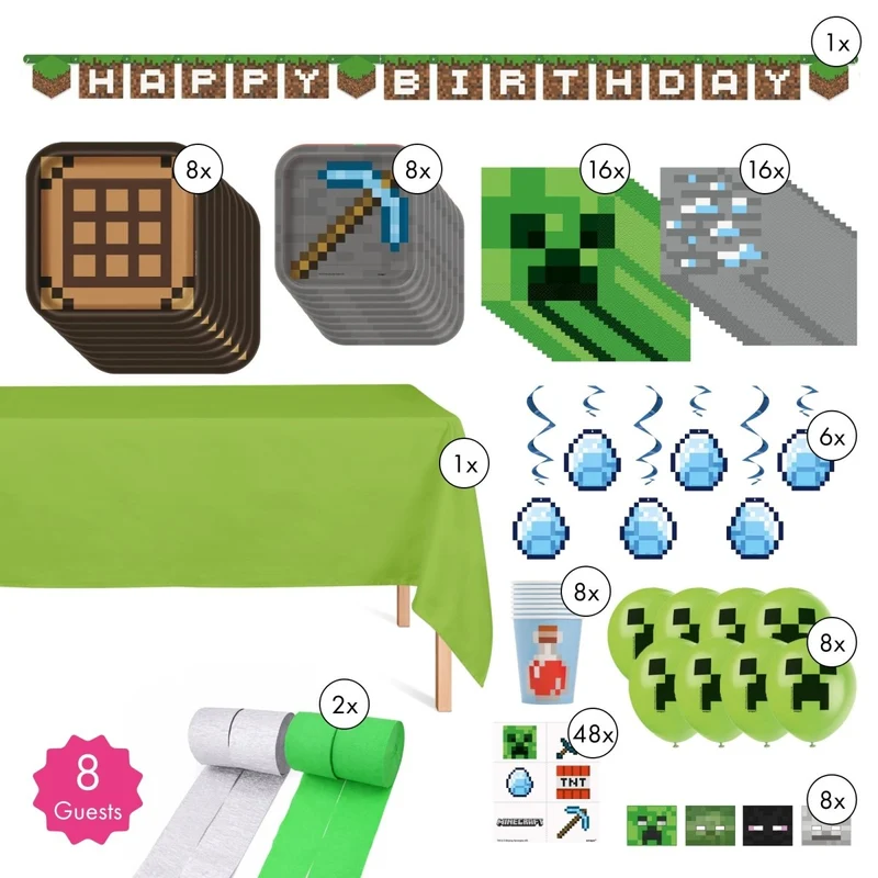 Minecraft Standard Birthday Party Supplies Kit, 8 Guests