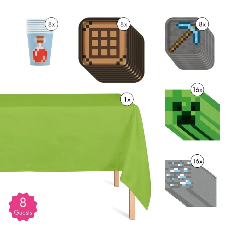 Minecraft Basic Tableware Birthday Party Supplies Kit, 8 Guests
