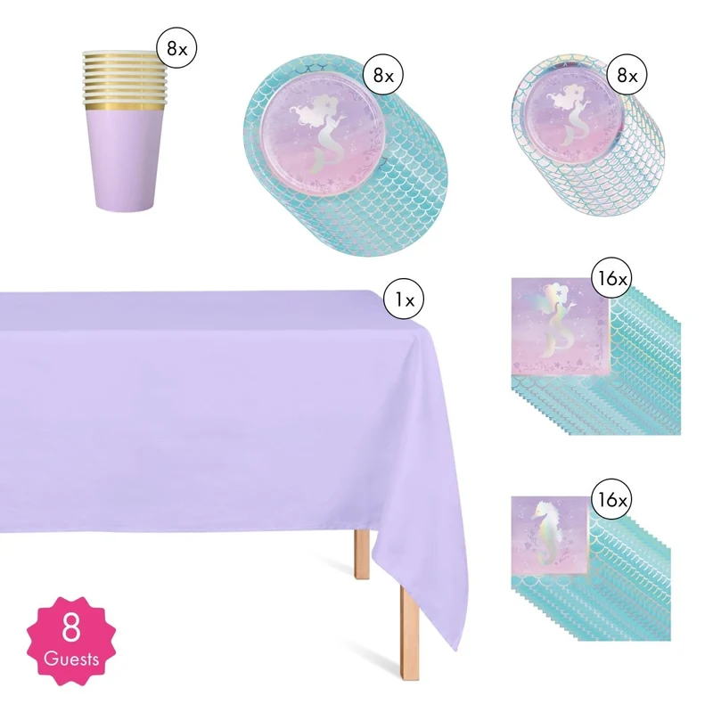 Mermaid Shine Basic Tableware Birthday Party Supplies Kit, 8 Guests