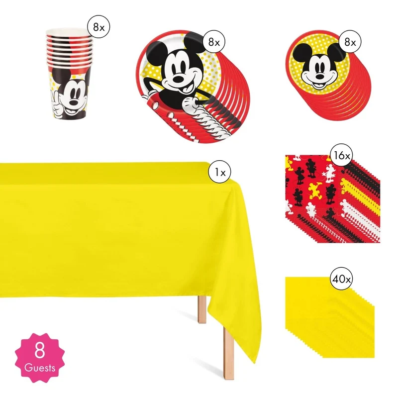 Disney Mickey Mouse Basic Tableware Birthday Party Supplies Kit, 8 Guests