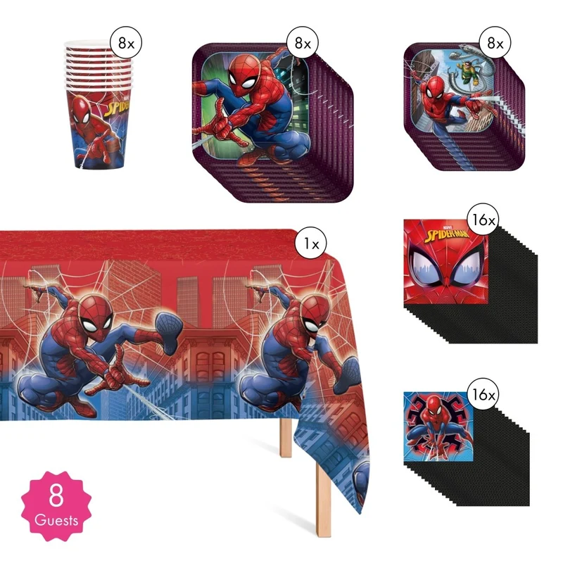 Marvel Spider-Man Basic Tableware Birthday Party Supplies Kit, 8 Guests