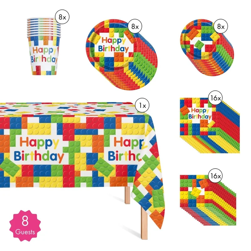 Block Party Basic Tableware Birthday Party Supplies Kit, 8 Guests