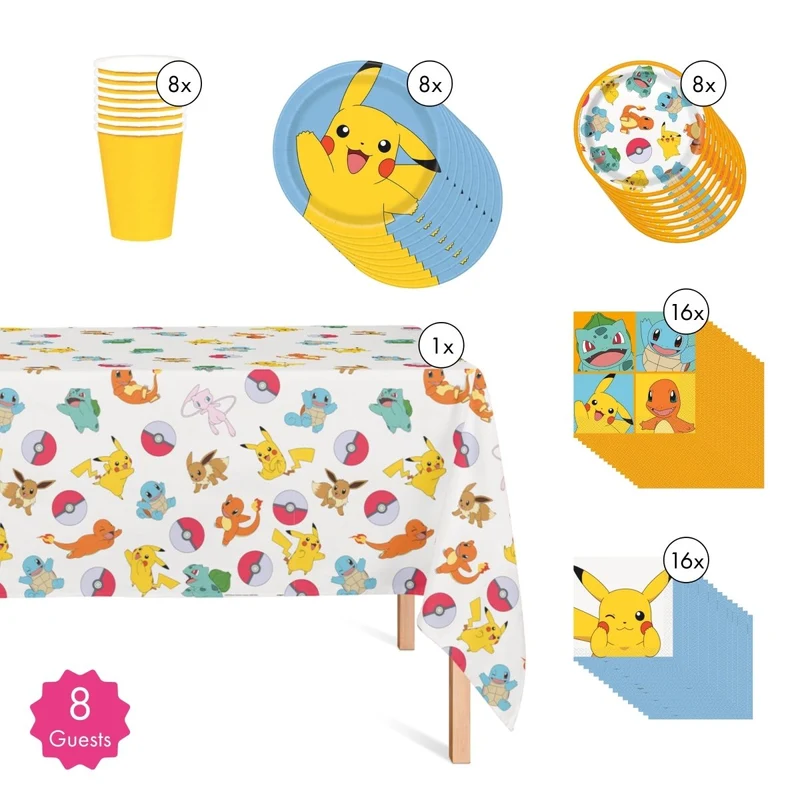 Pokémon Basic Tableware Birthday Party Supplies Kit, 8 Guests