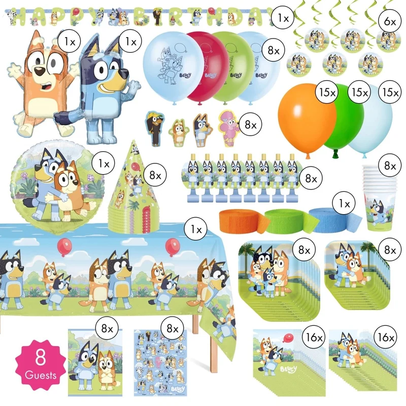 Bluey Ultimate Birthday Party Supplies Kit, Square Plates, 8 Guests