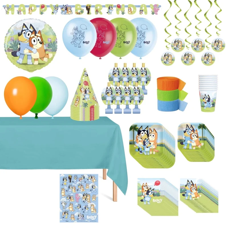 Bluey Standard Birthday Party Supplies Kit, Square Plates, 8 Guests