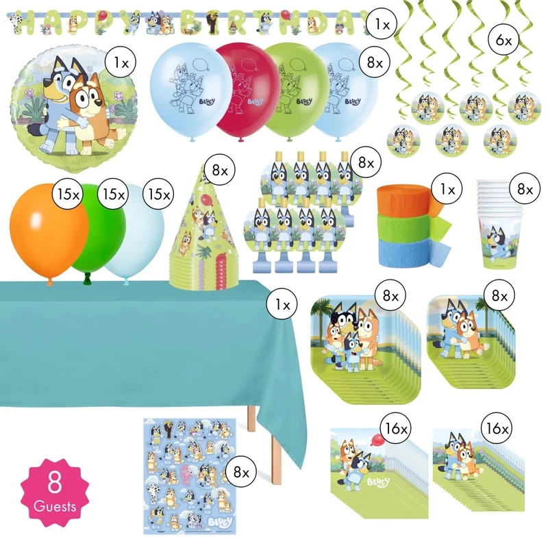 Bluey Standard Birthday Party Supplies Kit, Square Plates, 8 Guests