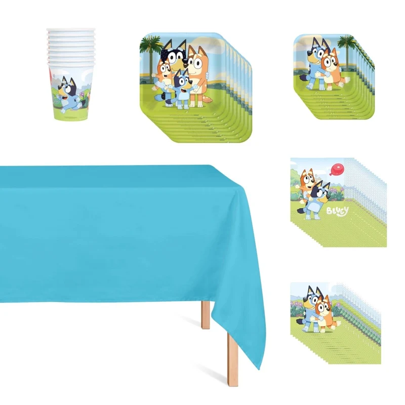 Bluey Basic Tableware Birthday Party Supplies Kit, Square Plates, 8 Guests