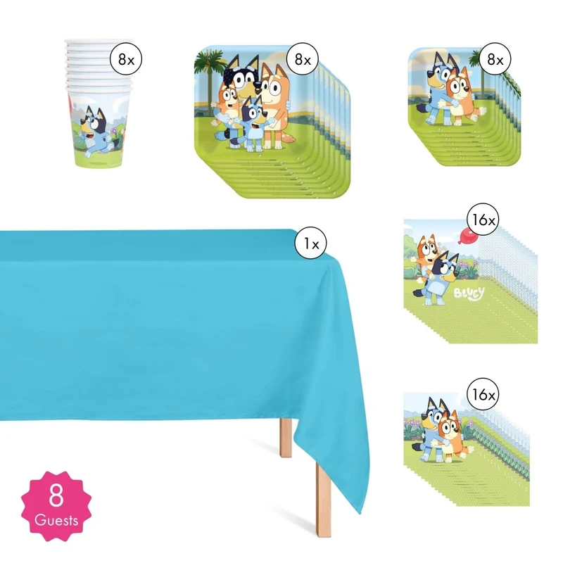 Bluey Basic Tableware Birthday Party Supplies Kit, Square Plates, 8 Guests