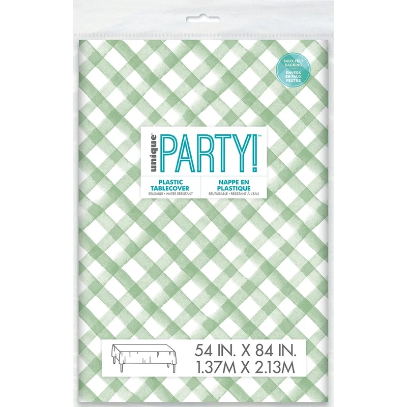 Green Gingham Rectangular Flannel Backed Vinyl Table Cover, 54 x 84 Inches, 1 Count
