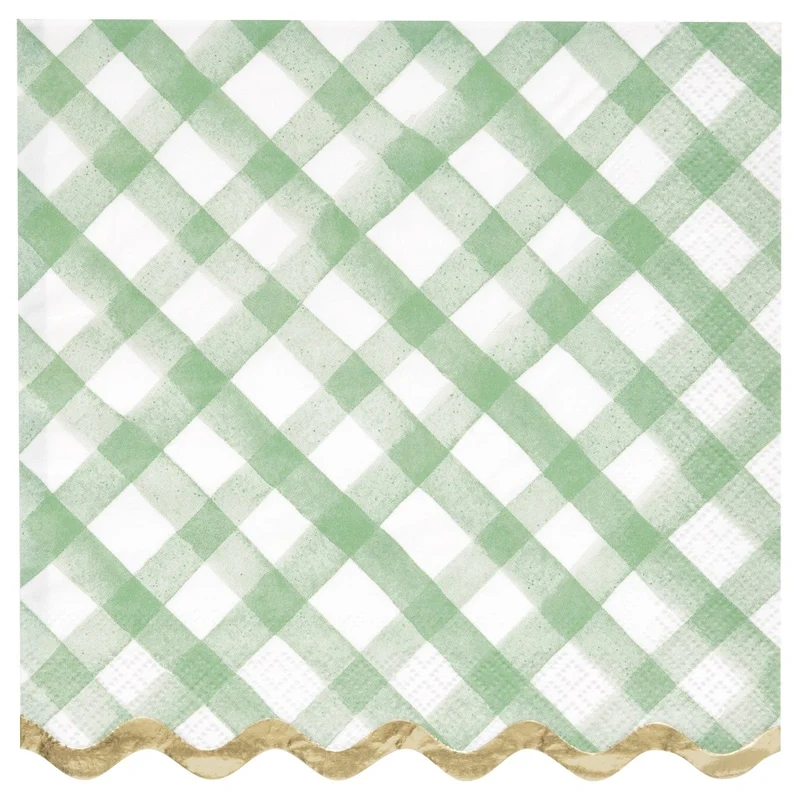Green Gingham Large Lunch Napkins with Foil, 16 Count