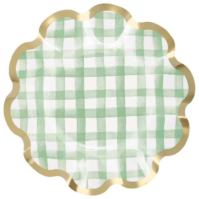 Green Gingham Large Lunch Paper Plates with Foil, 9 Inches, 8 Count